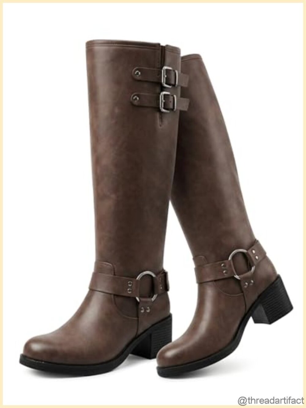 Womens Square Toe Faux Leather Knee High Biker Boots Chunky Heel